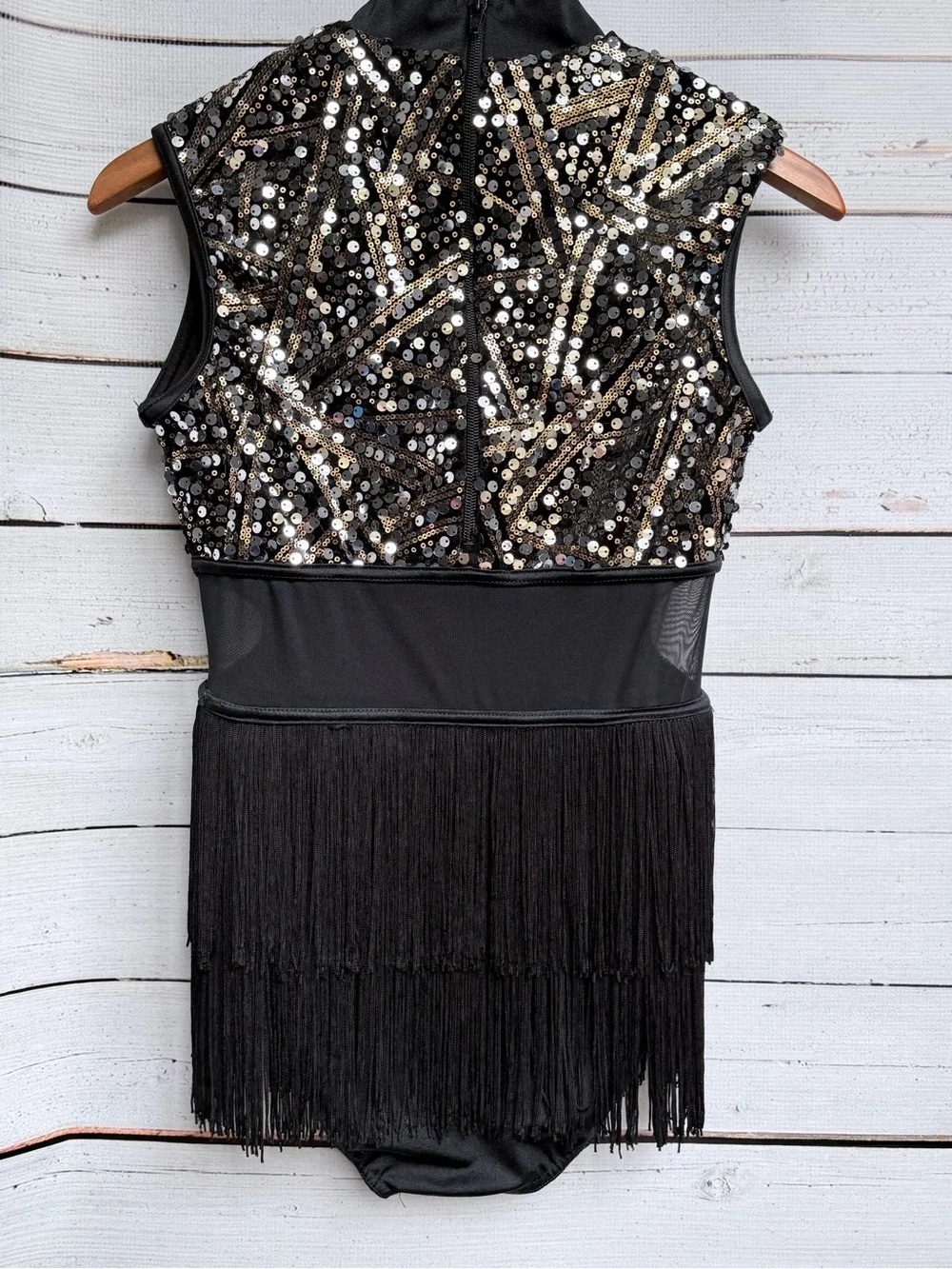 Black & Gold Sequin Fringe Dance Leotard - Kids